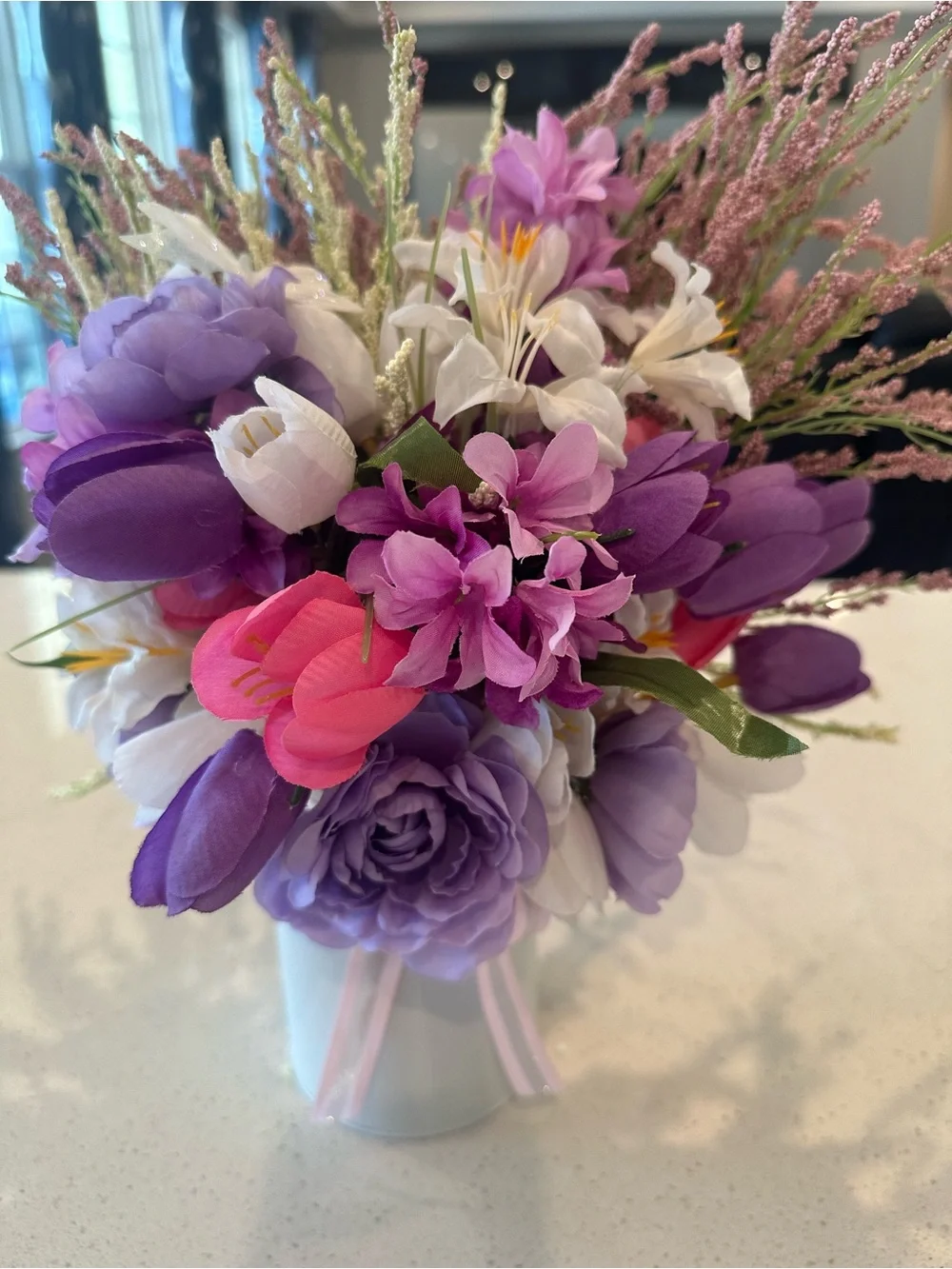 Purple & Pink Artificial Floral Arrangement in White Vase